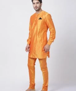 Vastramay Men's Orange Cotton Blend Kurta And Churidar Set