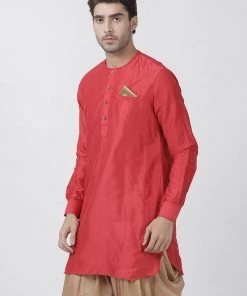 Vastramay Men's Red Cotton Blend Kurta