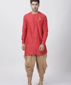 Vastramay Men's Red Cotton Blend Kurta