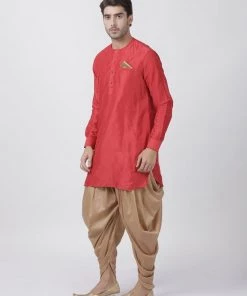 Vastramay Men's Red Cotton Blend Kurta And Dhoti Pant Set