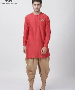 Vastramay Men's Red Cotton Blend Kurta And Dhoti Pant Set