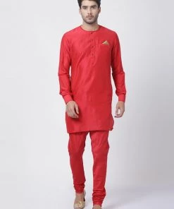 Vastramay Men's Red Cotton Blend Kurta And Churidar Set