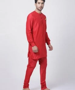 Vastramay Men's Red Cotton Blend Kurta And Churidar Set