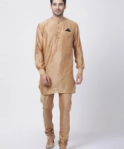 Vastramay Men's Gold Cotton Blend Kurta And Churidar Set