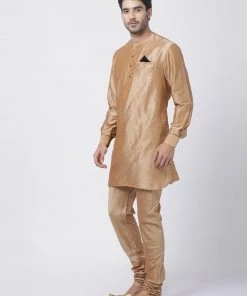 Vastramay Men's Gold Cotton Blend Kurta And Churidar Set