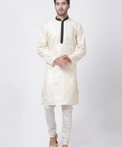 Vastramay Men's Gold Cotton Silk Blend Kurta And Pyjama Set