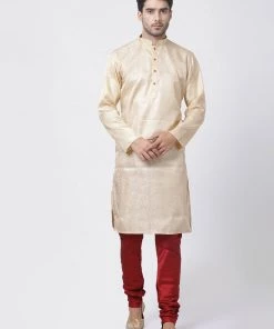 Vastramay Men's Gold Cotton Silk Blend Kurta And Churidar Set Buy 1 Get 1
