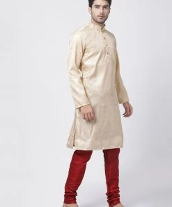 Vastramay Men's Gold Cotton Silk Blend Kurta And Churidar Set Buy 1 Get 1