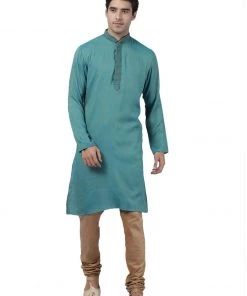 Vastramay Men's Green Cotton Blend Kurta And Churidar Set