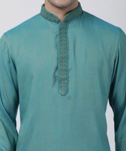 Vastramay Men's Green Cotton Blend Kurta And Churidar Set
