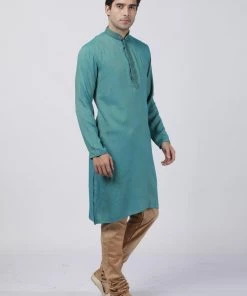 Vastramay Men's Green Cotton Blend Kurta And Churidar Set