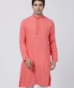 Vastramay Men's Pink Cotton Blend Kurta