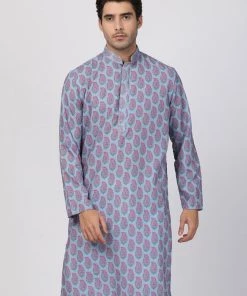 Vastramay Men's Blue And Pink Cotton Blend Kurta
