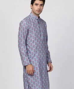 Vastramay Men's Blue And Pink Cotton Blend Kurta