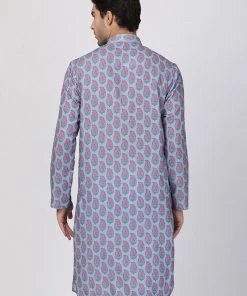 Vastramay Men's Blue And Pink Cotton Blend Kurta