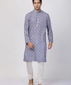 Vastramay Men's Blue And Pink Cotton Blend Kurta
