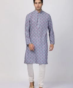 Vastramay Men's Grey Cotton Blend Kurta And Churidar Set Kurta Sets
