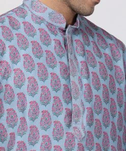 Vastramay Men's Grey Cotton Blend Kurta And Churidar Set Kurta Sets