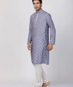 Vastramay Men's Grey Cotton Blend Kurta And Churidar Set Kurta Sets