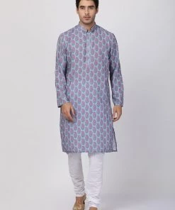 Vastramay Men's Grey Cotton Blend Kurta And Churidar Set