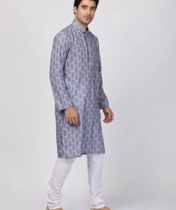 Vastramay Men's Grey Cotton Blend Kurta And Churidar Set