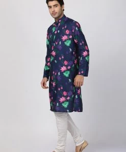 Buy 1 Get 1 Vastramay Men Blue & Pink Printed Kurta With Churidar