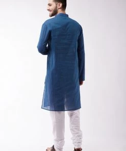 Vastramay Pure Handloom Cotton Blue And White Baap Beta Kurta Pyjama Set