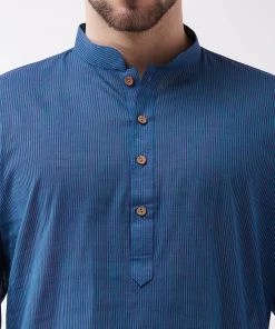 Vastramay Pure Handloom Cotton Blue And White Baap Beta Kurta Pyjama Set