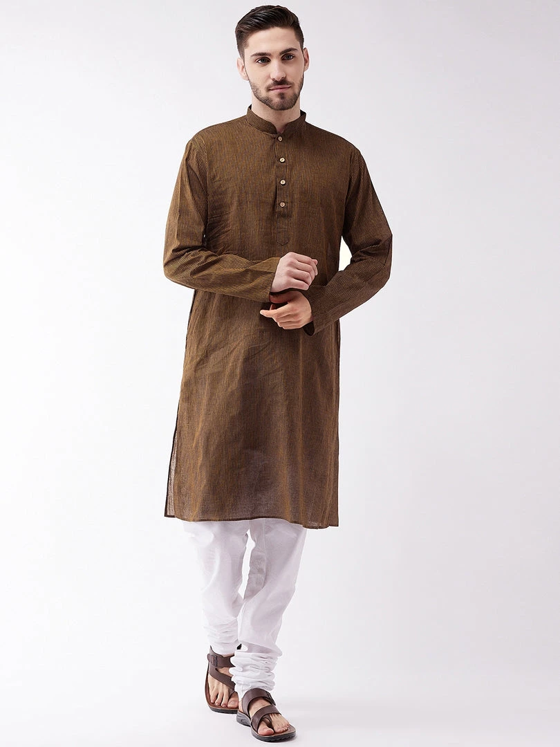 Vastramay Men's Coffee Brown Pure Cotton Kurta And Pyjama Set 3 Vastramay Men's Coffee Brown Pure Cotton Kurta And Pyjama Set