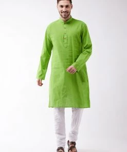 Vastramay Men's Green Pure Cotton Kurta And Churidar Set