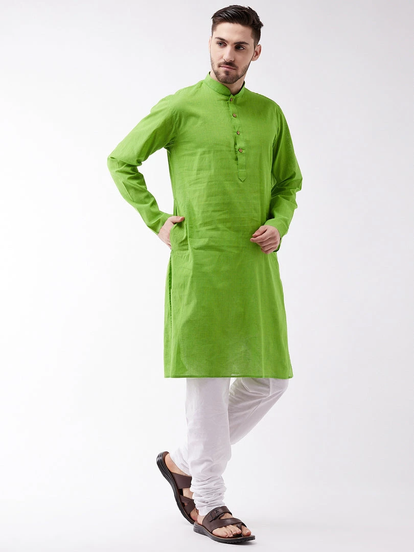 Vastramay Men's Green Pure Cotton Kurta And Churidar Set 4 Vastramay Men's Green Pure Cotton Kurta And Churidar Set