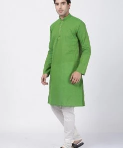 Vastramay Men's Green Pure Cotton Kurta And Churidar Set