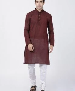 Vastramay Pure Handloom Cotton Maroon And White Baap Beta Kurta Pyjama Set