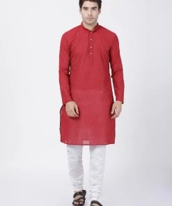 Vastramay Men's Red Pure Cotton Kurta And Pyjama Set
