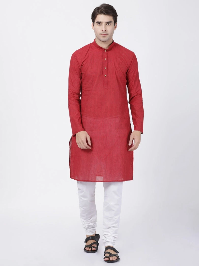 Vastramay Men's Red Pure Cotton Kurta And Pyjama Set 3 Vastramay Men's Red Pure Cotton Kurta And Pyjama Set