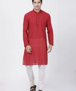 Vastramay Men's Red Pure Cotton Kurta And Pyjama Set