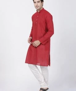 Vastramay Men's Red Pure Cotton Kurta And Pyjama Set