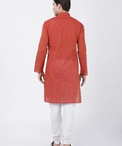Vastramay Men's Orange Pure Cotton Kurta And Pyjama Set
