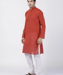 Vastramay Men's Orange Pure Cotton Kurta And Pyjama Set