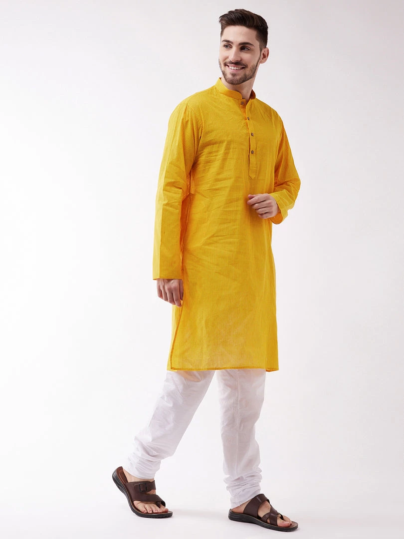 Vastramay Kurta Sets Men's Yellow Pure Cotton Kurta And Pyjama Set 4 Vastramay Kurta Sets Men's Yellow Pure Cotton Kurta And Pyjama Set