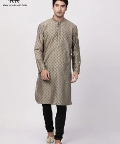 Vastramay Men's Beige Cotton Blend Kurta And Churidar Set