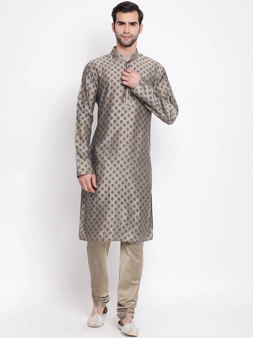 Vastramay Men's Beige Cotton Blend Kurta And Churidar Set 3 Vastramay Men's Beige Cotton Blend Kurta And Churidar Set