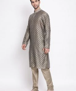 Vastramay Men's Beige Cotton Blend Kurta And Churidar Set