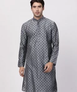 Vastramay Men's Grey Cotton Silk Blend Kurta