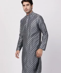 Vastramay Men's Grey Cotton Silk Blend Kurta