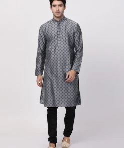 Vastramay Men's Grey Cotton Blend Kurta And Pyjama Set