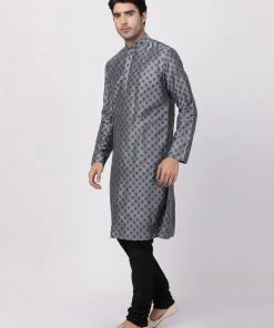 Vastramay Men's Grey Cotton Blend Kurta And Pyjama Set