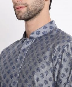 Vastramay Men's Grey Cotton Blend Kurta And Pyjama Set