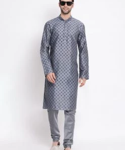 Vastramay Men's Grey Cotton Blend Kurta And Pyjama Set