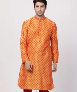 Vastramay Men's Orange Cotton Silk Blend Kurta